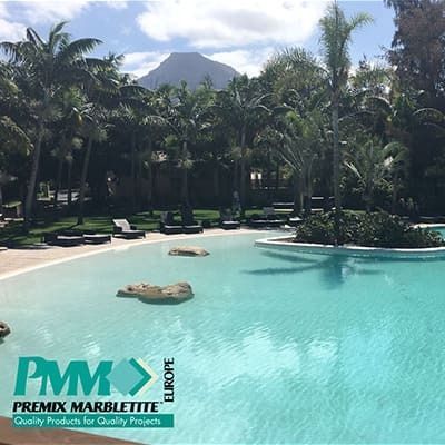 Una gran piscina rodeada de palmeras y una montaña al fondo.