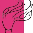 Ilustración abstracta: mano extendida, líneas negras, fondo rosa y blanco.