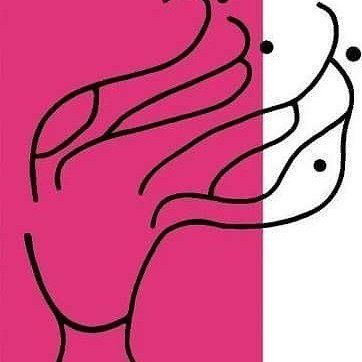 Ilustraci&oacute;n abstracta: mano extendida, l&iacute;neas negras, fondo rosa y blanco.