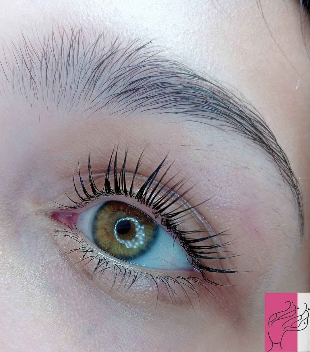 Primer plano de un ojo con pestañas levantadas y teñidas, iris marrón claro y azul, ceja arqueada.