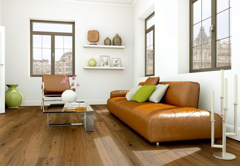 Wohnzimmer mit braunem Ledersofa, Holzboden, weißen Wänden und Blick ins Freie.