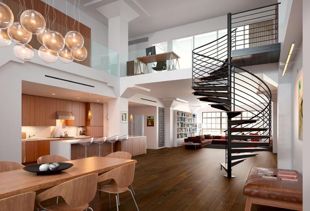 Modernes Loft-Interieur mit Wendeltreppe, Küche, Essbereich und Mezzaninbüro.