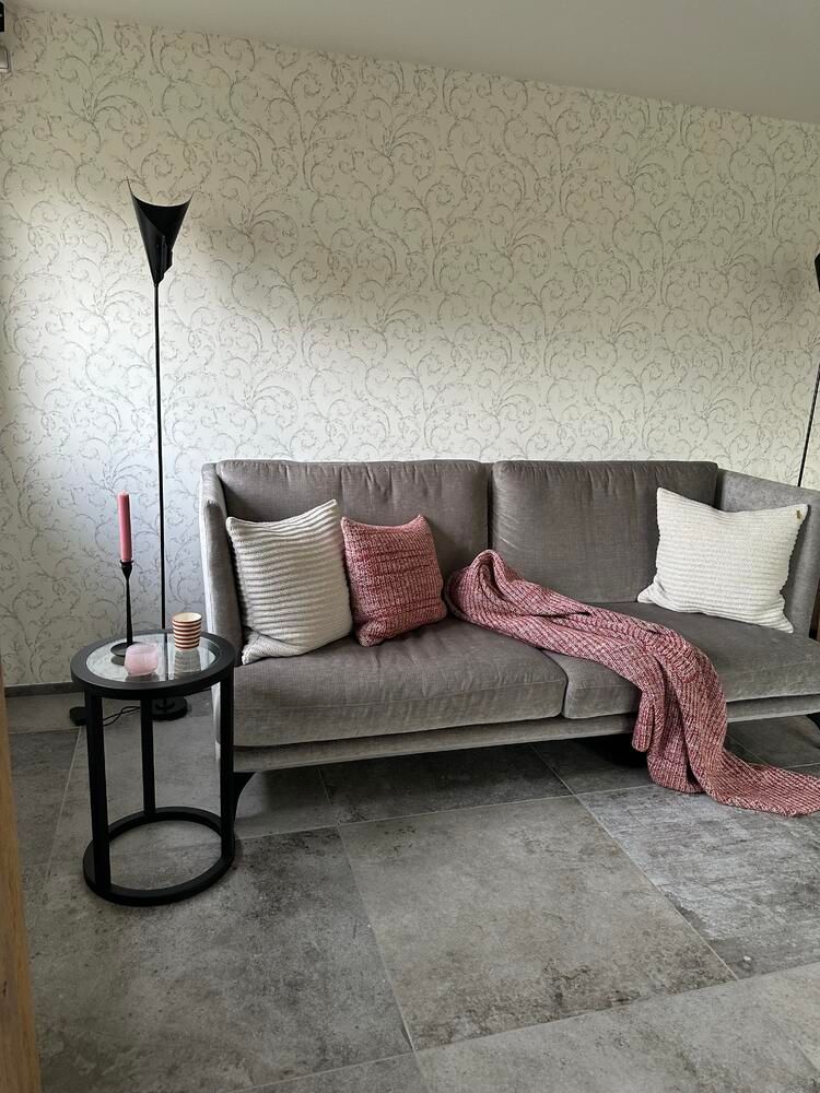Graues Sofa mit Kissen und Decke, daneben eine Lampe und ein kleiner Beistelltisch.
