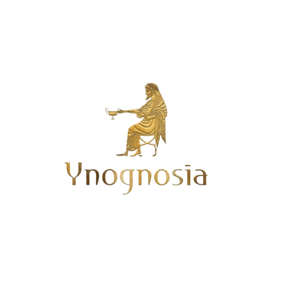 Goldenes Logo einer sitzenden Figur, die über dem Wort „Ynognosia“ einen Becher hält, auf weissem Hintergrund