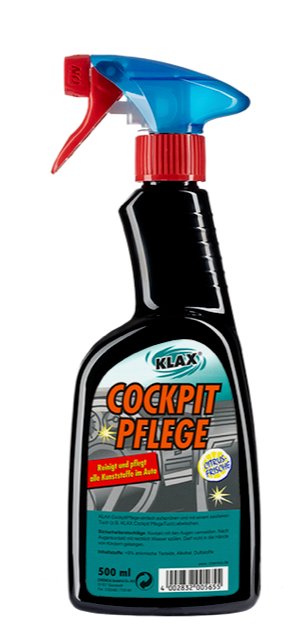 Schwarze Flasche Cockpitreiniger mit rotem Auslöser, blauem Sprühkopf und deutscher Beschriftung.