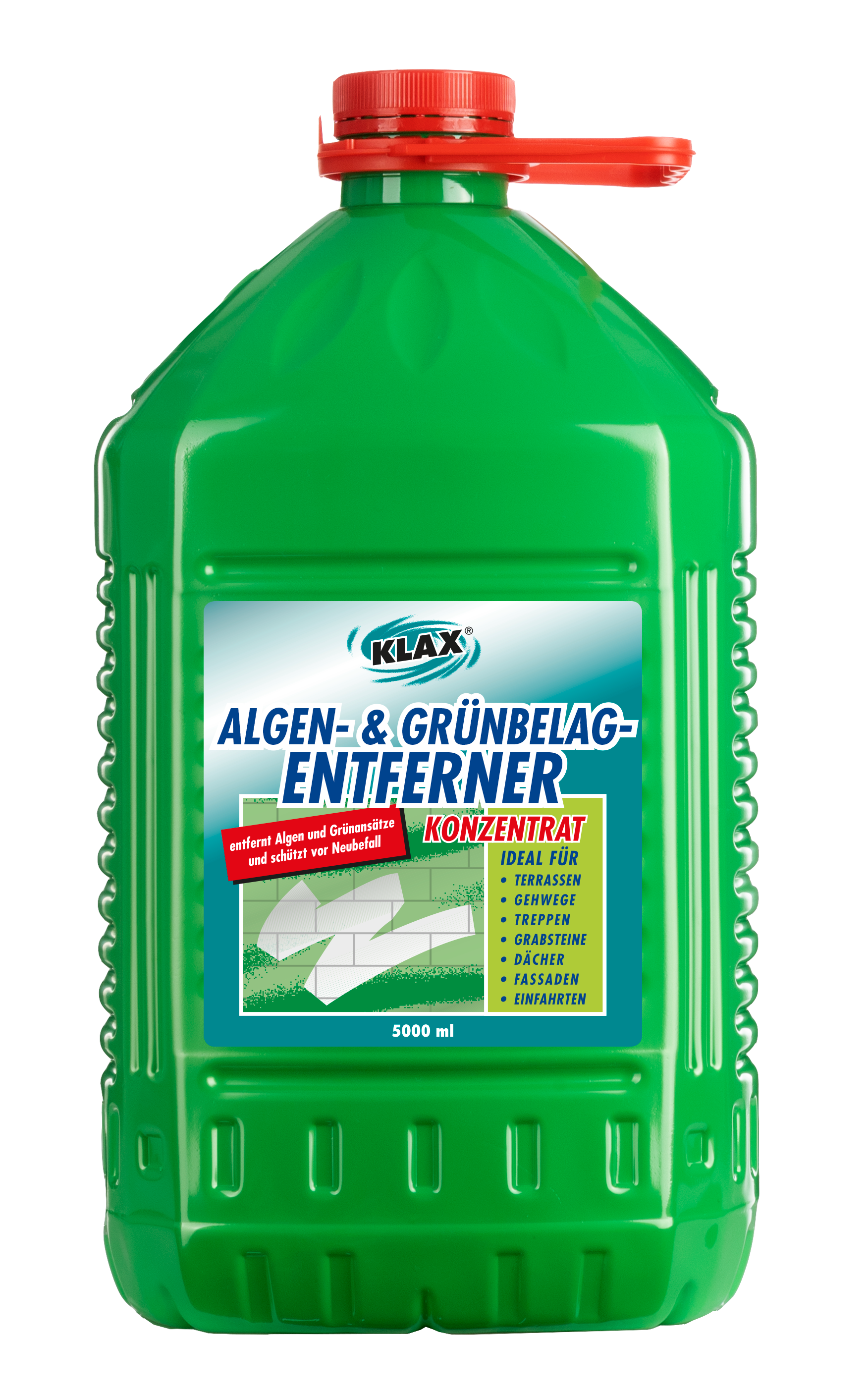 Grüner Kanister mit Algen- und Grünablagerungsentferner. Roter Deckel.