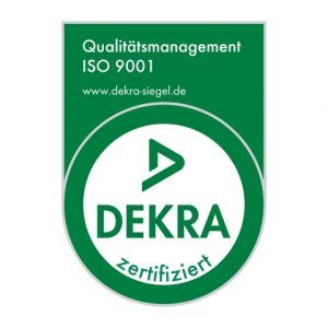 DEKRA ISO 9001 Qualitätsmanagement-Zertifizierungssiegel, grün und weiß.