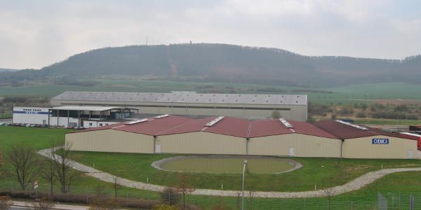 Gebäude auf einem grünen Feld mit einem großen Hügel im Hintergrund an einem bewölkten Tag.