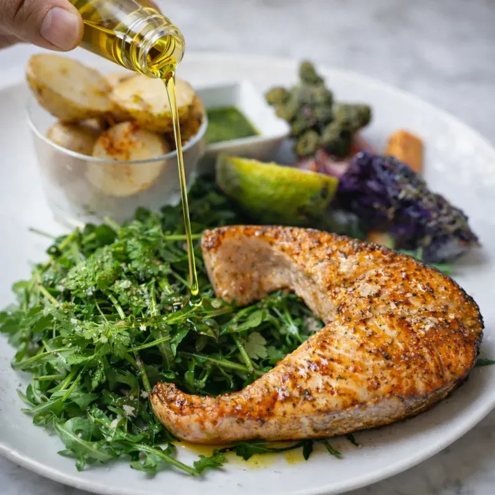 Una mano vertiendo aceite sobre un filete de salmón y verduras en un plato blanco con vegetales al fondo.