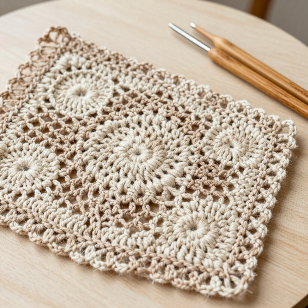 Muestra de encaje beige tejido a crochet sobre una mesa de madera con un ganchillo.