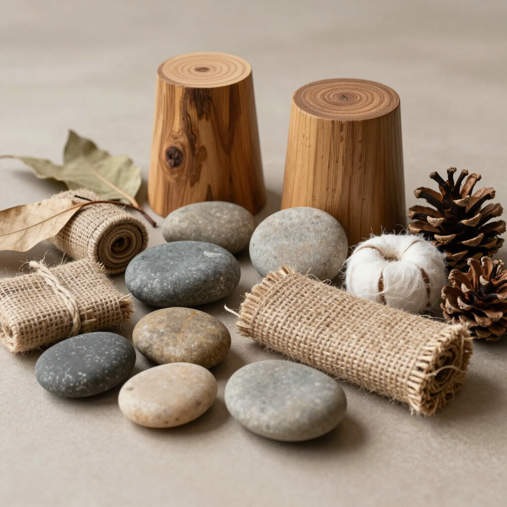 Disposición al estilo spa de tazas de madera, piedras lisas, rollos de arpillera y piñas sobre una superficie beige.