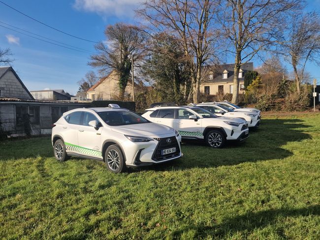 Trois SUV Lexus avec des autocollants sont garés sur un terrain herbeux devant des maisons et des arbres dénudés.