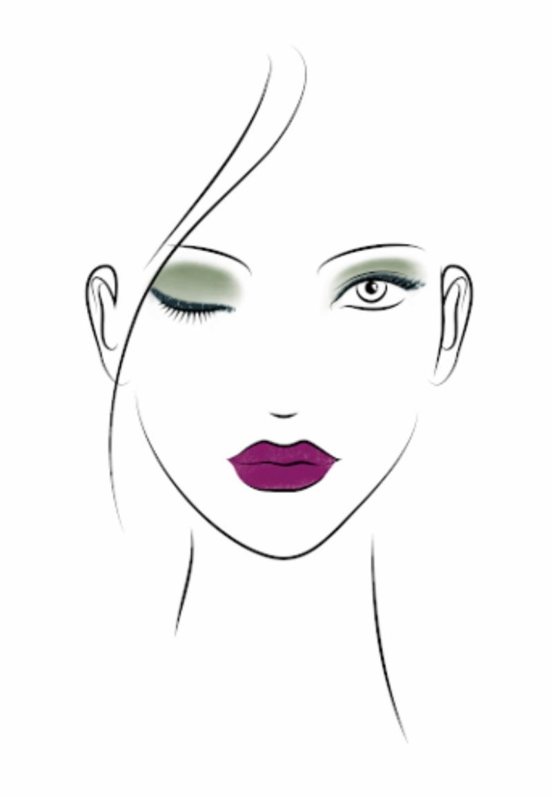 Zeichnung eines Make-ups mit beerenfarbenem Lippenstift und grünem Augen-Make-up