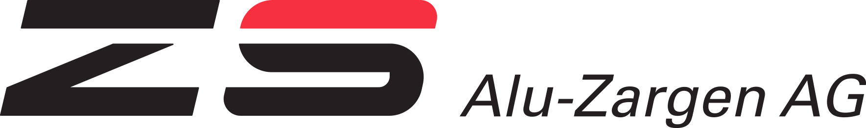Logo der Alu-Zargen AG, schwarzes stilisiertes „ZS“ mit rotem Balken und Firmenname rechts.