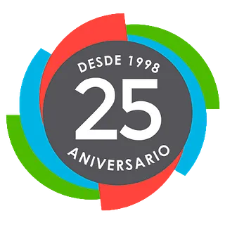 Logo de 25 aniversario con “Desde 1998” en círculo multicolor rojo, verde, azul y gris.