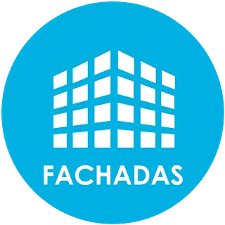 Logotipo circular azul con el icono de un edificio blanco y la palabra “FACHADAS” debajo.