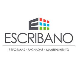 ESCRIBANO logo with stylized building icon and text “REFORMAS • FACHADAS • MANTENIMIENTO”
