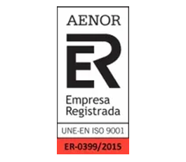 Logotipo de certificación AENOR Empresa Registrada con la etiqueta “ER” en negro y la etiqueta “ER-0399/2015” en rojo.