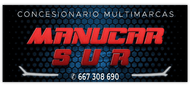 Logotipo para ManuCar Sur, concesionario multimarca con un n&uacute;mero de tel&eacute;fono sobre un fondo hexagonal azul.