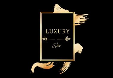 Logotipo negro con marco dorado que dice “LUXURY” con pinceladas abstractas doradas sobre un fondo oscuro.