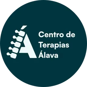 Logotipo de c&iacute;rculo verde azulado oscuro: Lomo blanco y forma de "A", texto "Centro de Terapias &Aacute;lava".