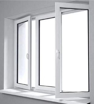 Una ventana blanca con dos ventanas abiertas en una pared blanca.