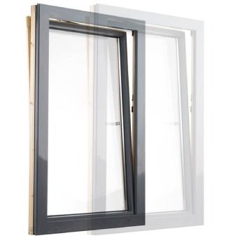 Un primer plano de una ventana con un marco negro sobre un fondo blanco.