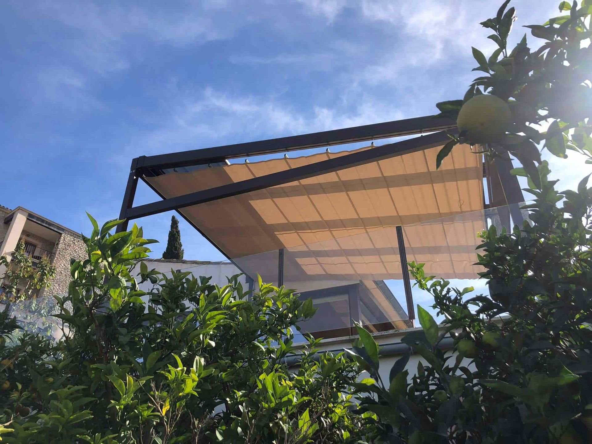 Un techo con un dosel encima está rodeado de árboles.