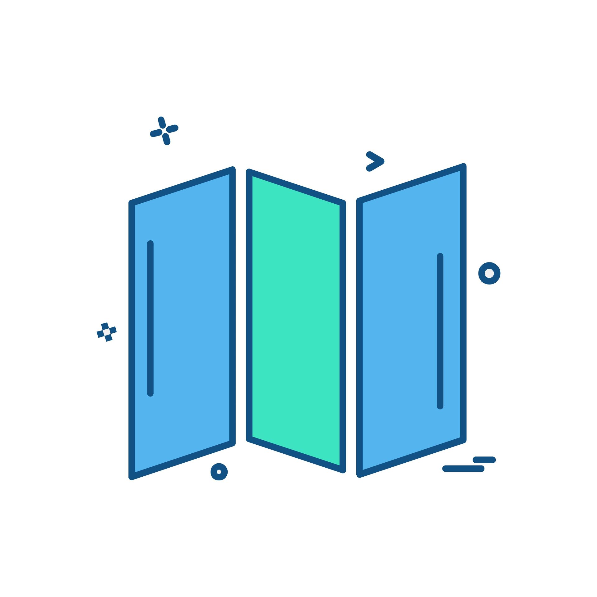 Un icono azul y verde de tres puertas sobre un fondo blanco.