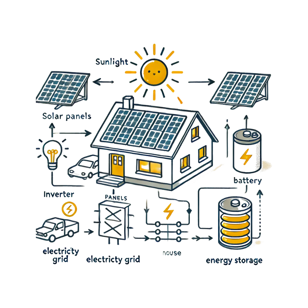 Un schéma du fonctionnement des panneaux solaires sur une maison.