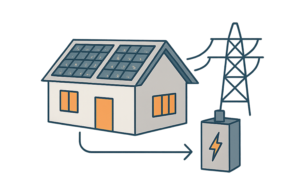 Un schéma d'un système solaire avec une maison en arrière-plan.