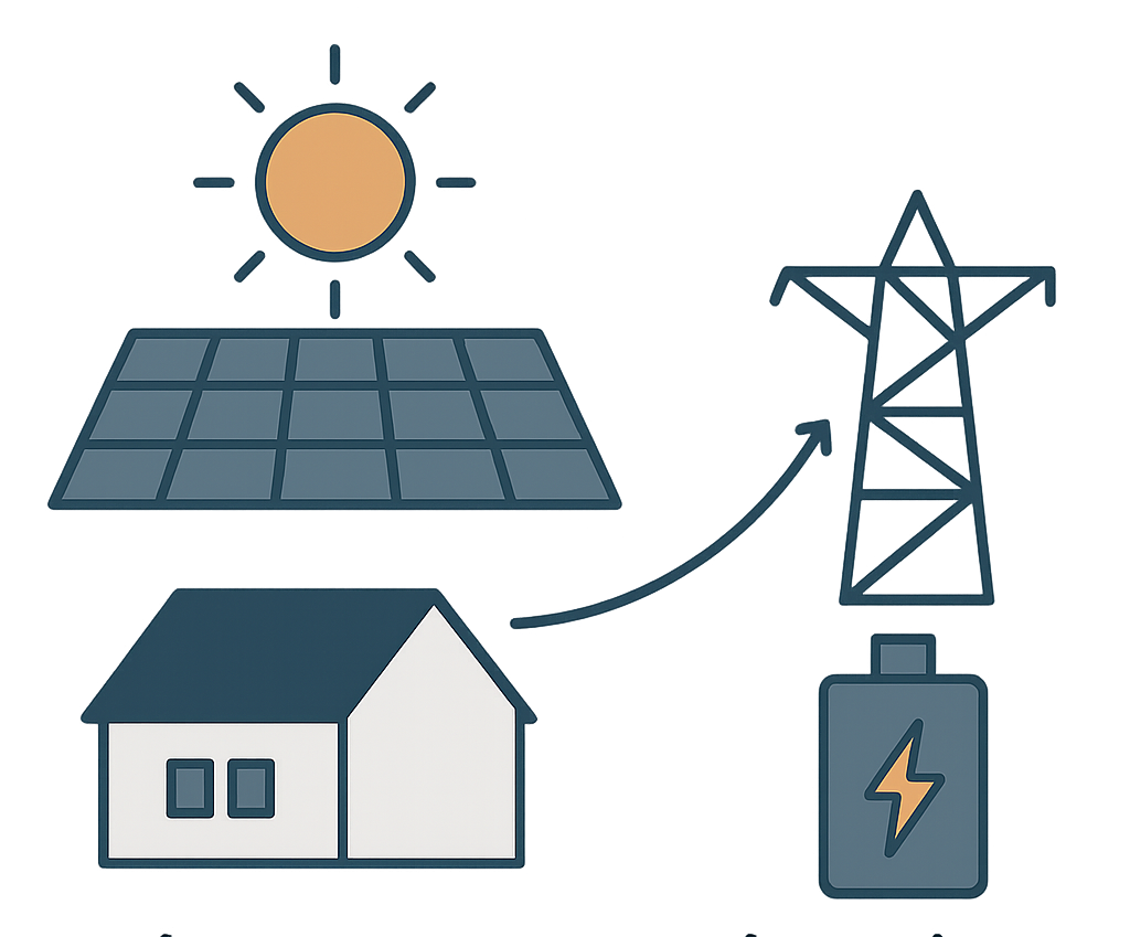 Un schéma d'un système solaire avec une maison en arrière-plan.
