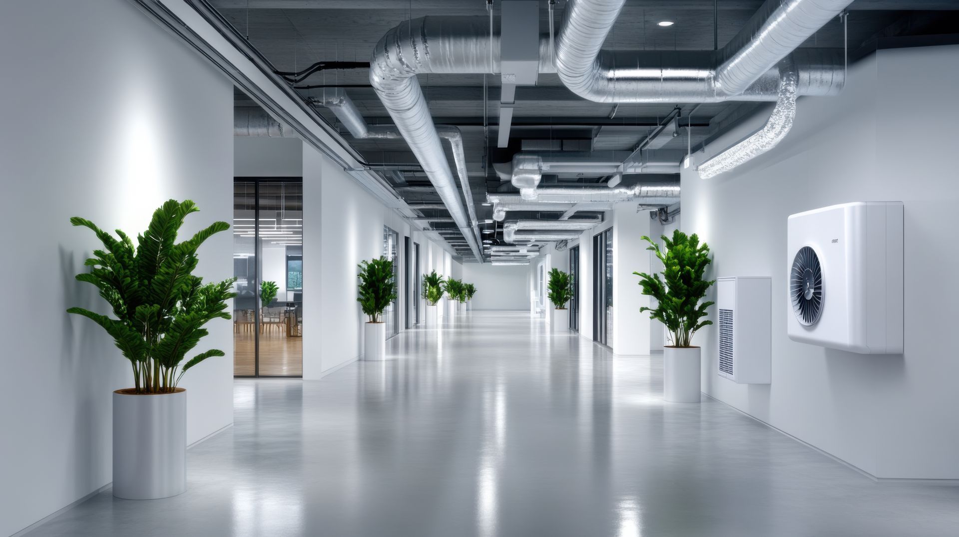 Ein leerer Flur mit vielen Rohren und Pflanzen.