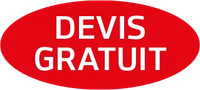 Ovale rouge avec les mots DEVIS GRATUIT en blanc.