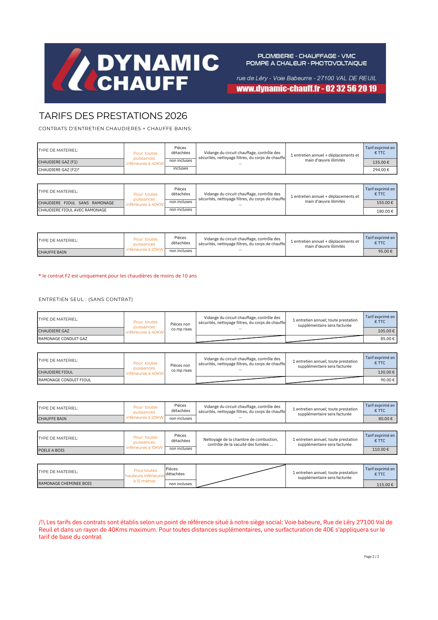 Tarifs de prestations 2025 Dynamic Chauff