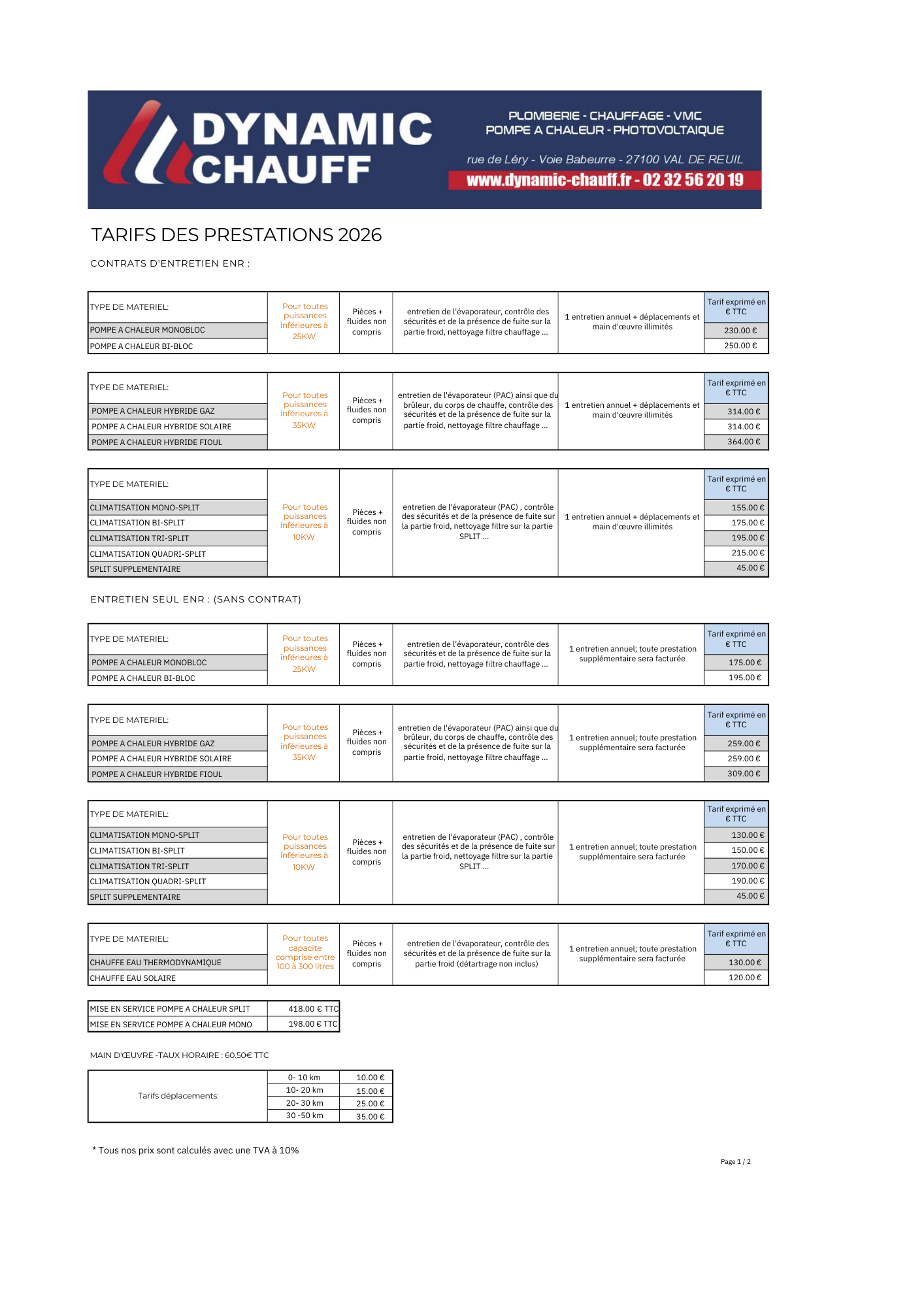 Tarifs de contrats d'entretiens 2026 Dynamic Chauff 1/2 Prestations 2026 page 1