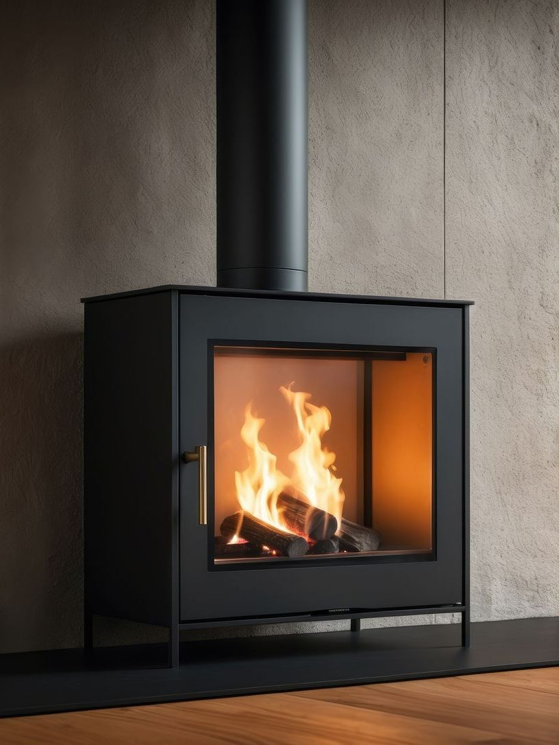 Poêle à bois avec bûches en flammes