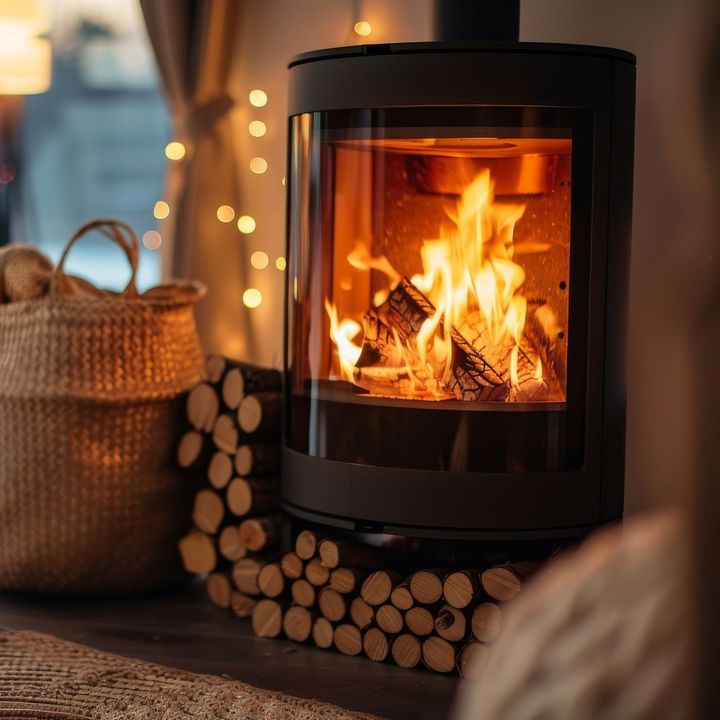 Poêle à bois contemporain avec flammes