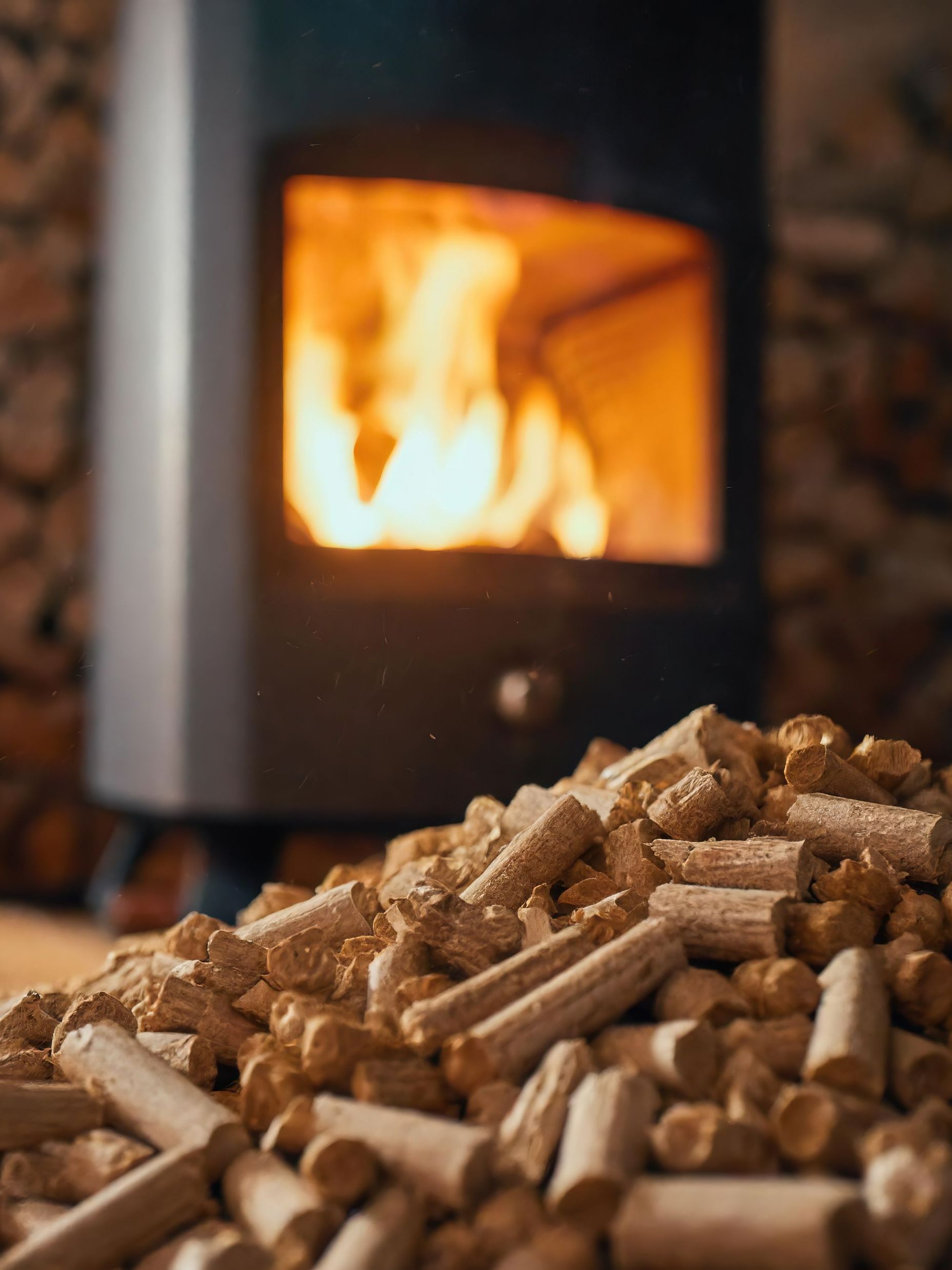 Chauffage avec granulés de bois au premier plan