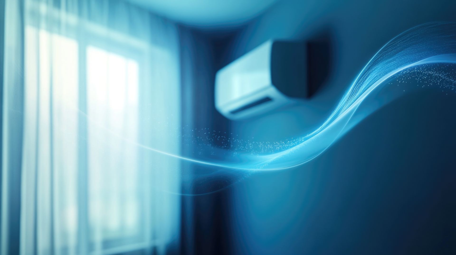 Un climatiseur souffle de l'air frais dans une pièce aux tons bleus.