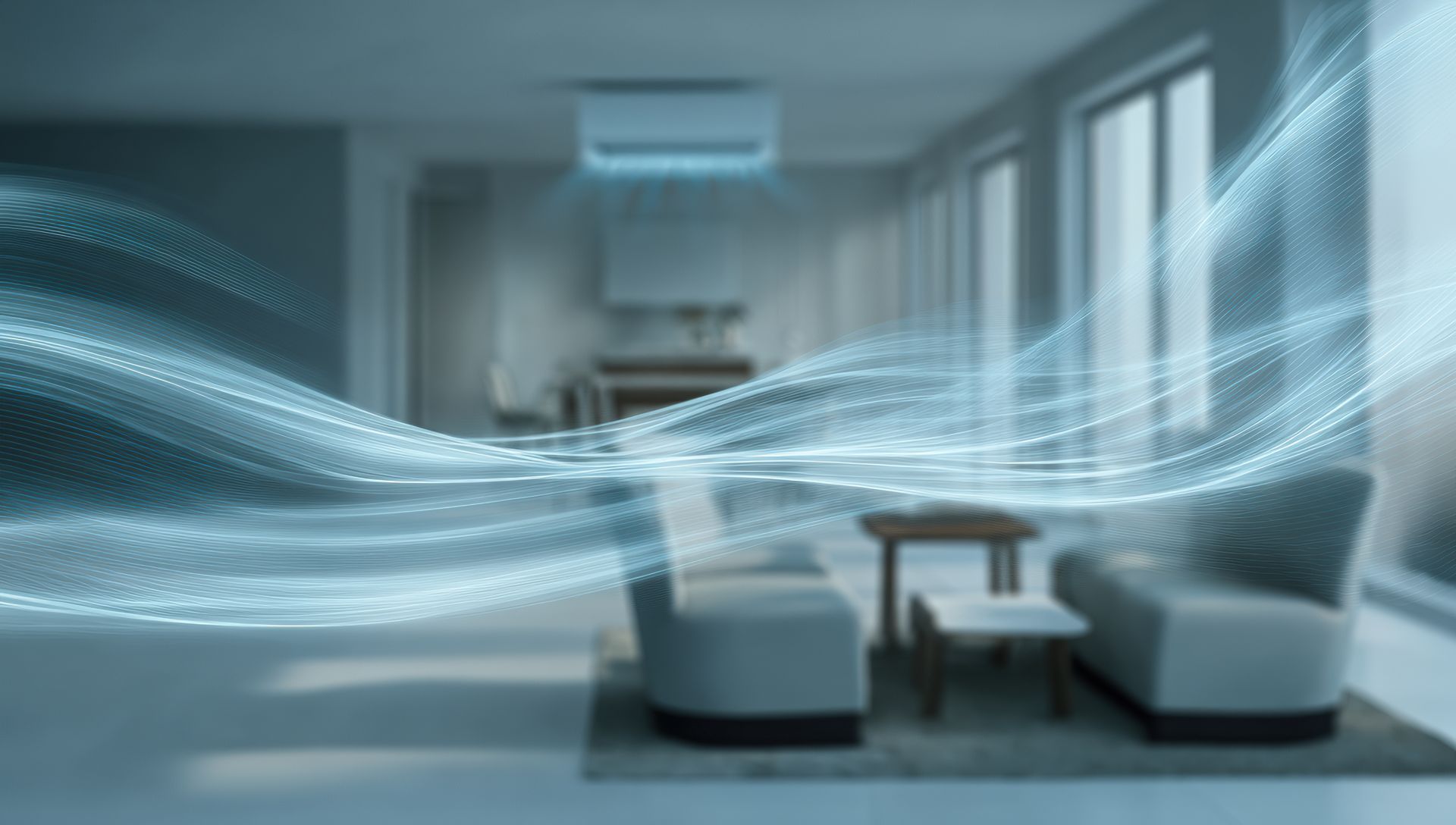 Climatiseur dans un salon moderne avec flux d'air bleu.