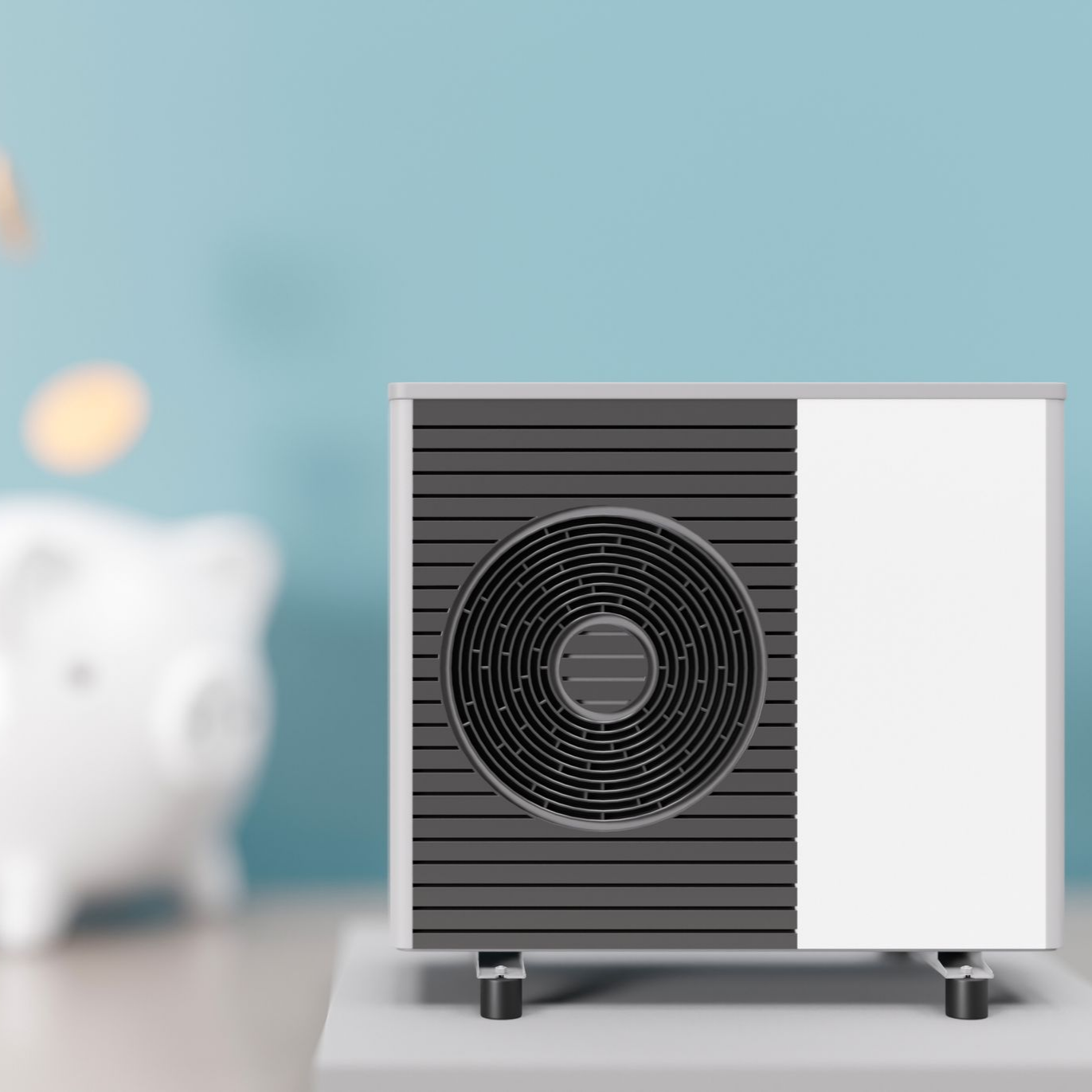 Pompe à chaleur à côté d'une tirelire remplie de pièces.