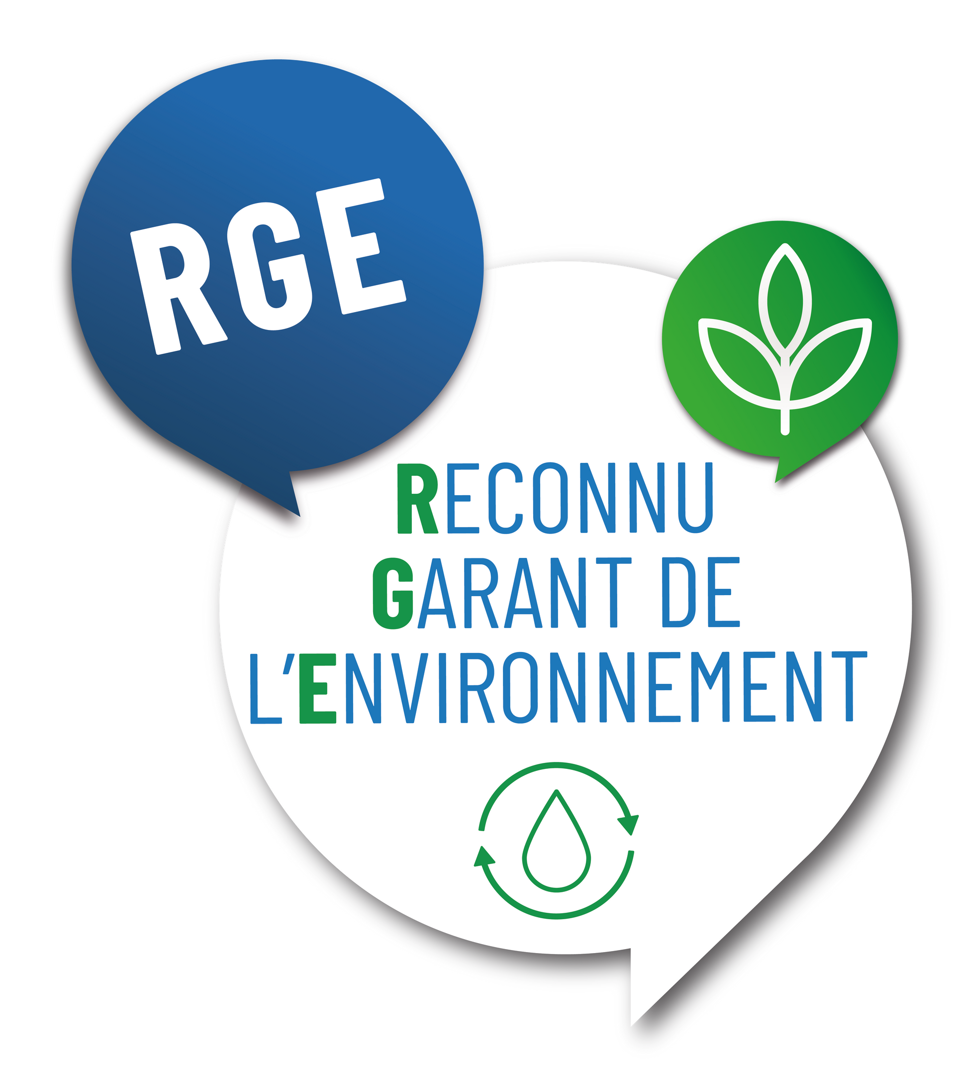 Logo RGE : bulles bleues et vertes avec le texte Reconnu Garant de l'Environnement et des icônes de feuille/goutte d'eau.
