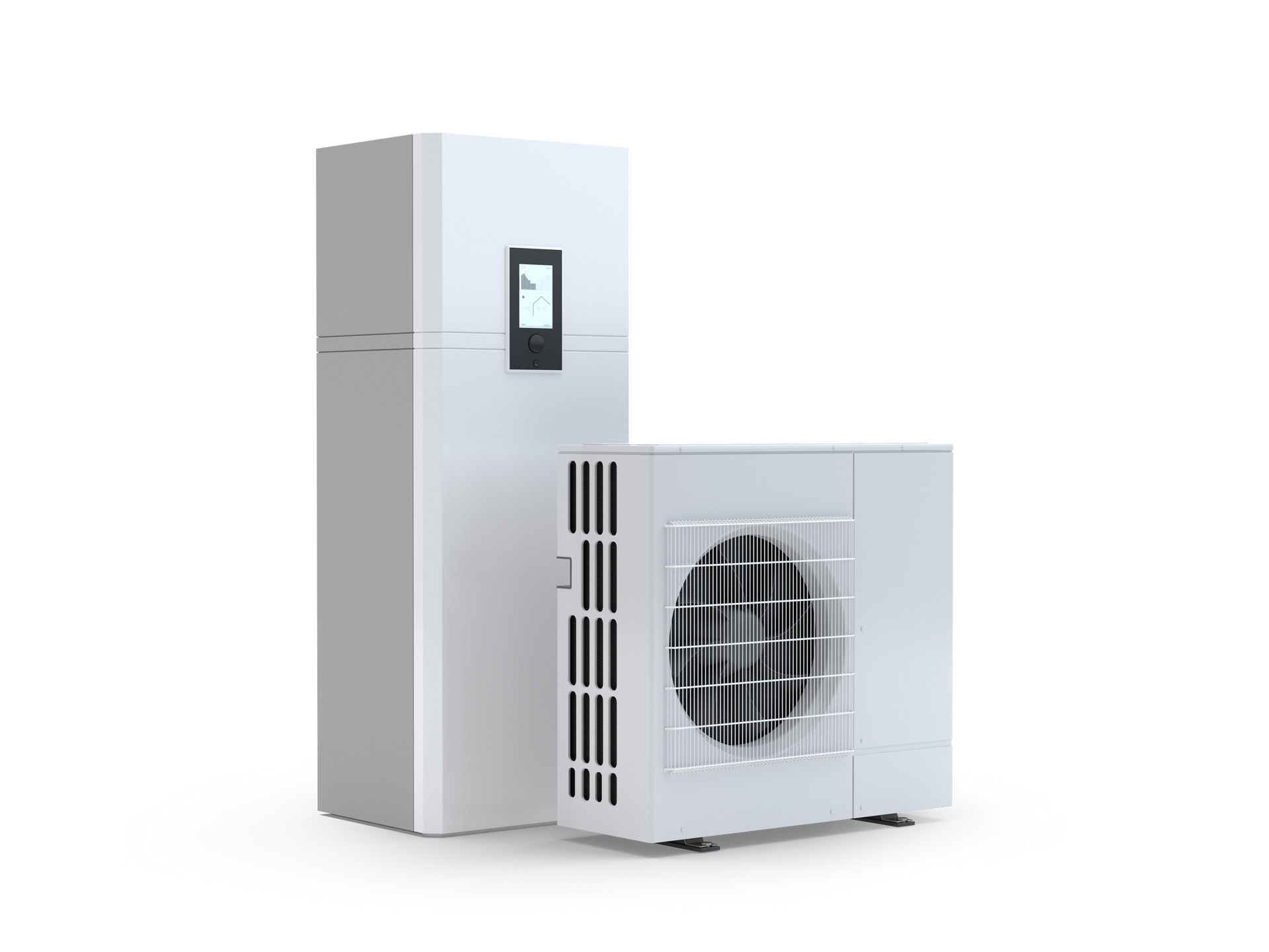 Système de pompe à chaleur blanc ; unité intérieure haute à côté d'une unité extérieure.