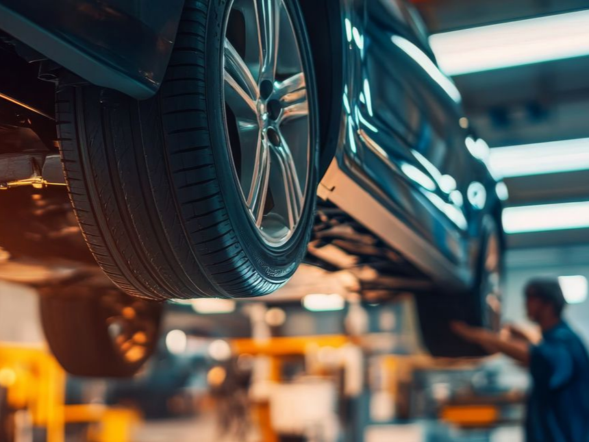 Une voiture est soulevée sur un pont élévateur pendant qu'un mécanicien travaille sur le pneu arrière.