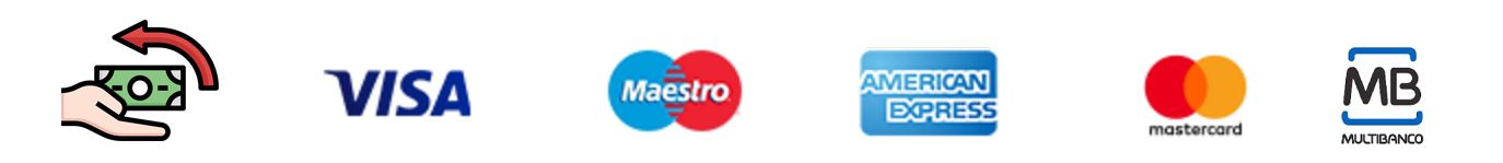 Ícones de pagamento: Visa, Mastercard, American Express e outros logotipos de cartões.