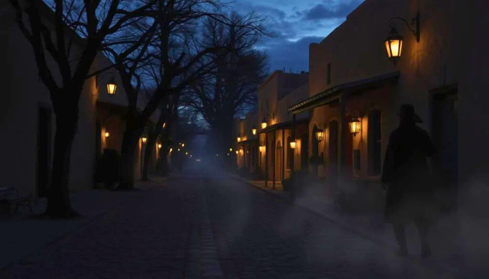 Twilight street scene with fog, lit by lanterns. Figures walk past adobe buildings.