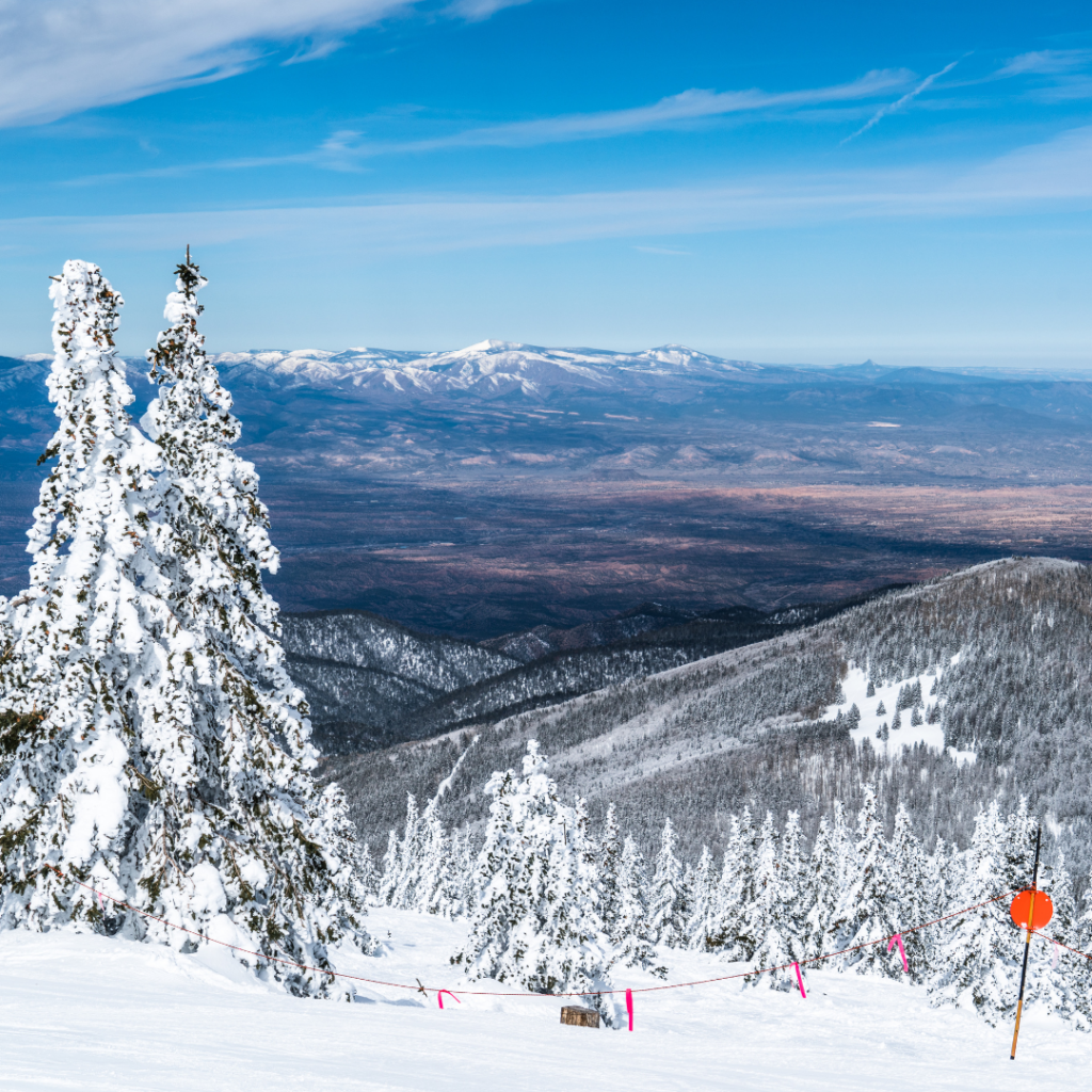 Snowy ski slopes on a sunny day in the Santa Fe Mountains