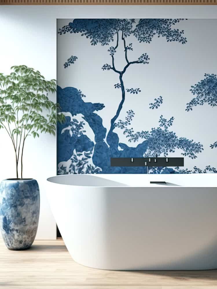 Salle de bains avec un papier peint panoramique