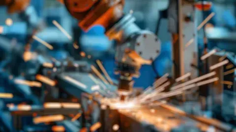 Un robot está soldando una pieza de metal en una fábrica.